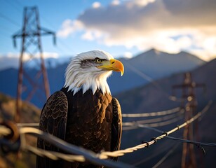 Bald eagle perched on a wire against a mountain backdrop at sunset