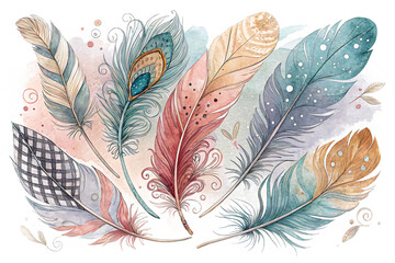 Watercolor painting of assorted colorful feathers isolated on transparent background, displaying a variety of patterns and textures in a vibrant composition