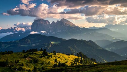 Majestic mountain range panorama at sunset