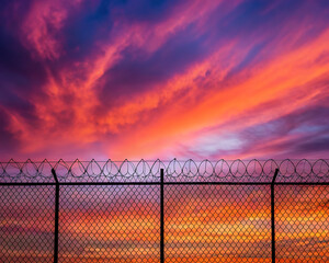 Fiery sunset sky above barbed wire fence