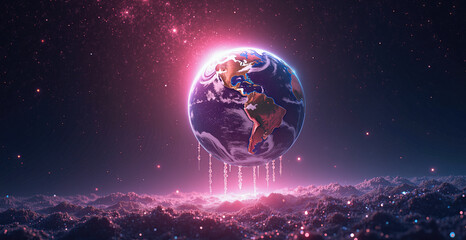 Fototapeta premium Glowing Neon Earth Floating in Cosmic Space