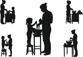 Silhouette of Mother and Child Baking Together in Kitchen, Sharing a Heartwarming Cooking Moment—Vector Illustration of Family Bonding