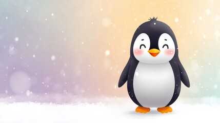 Cute Cartoon Penguin Smiling in a Snowy Landscape With a Soft Pastel Gradient Background During Winter