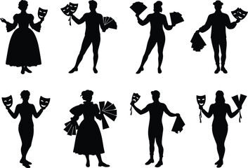 Silhouette Vector of Theater Performers with Masks and Fans, Acting and Drama Art Elements for Stage Performance and Costume Design