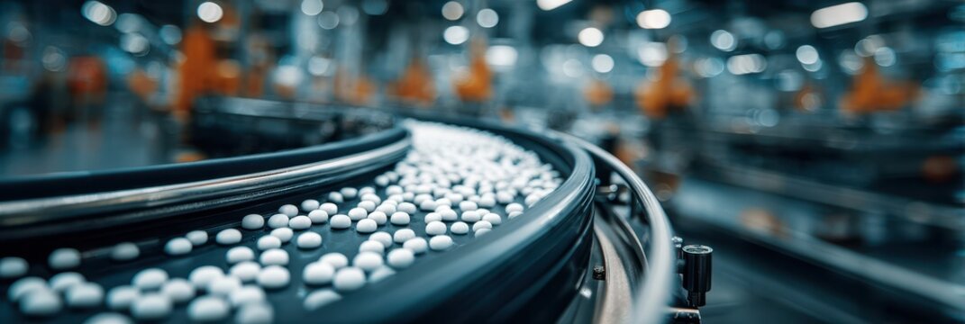 Production line transporting small white pills during manufacturing process in a pharmaceutical facility
