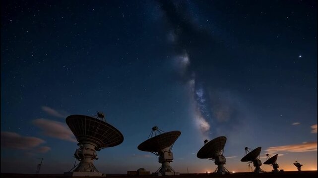 An impressive landscape, with large parabolic antennas, also known as radio telescopes, visible in the foreground. They are located in an open area, possibly in an observatory or a scientific station.