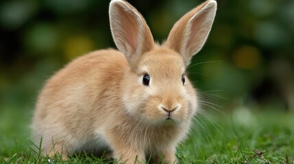Fototapeta premium Close-up of a tan rabbit sitting on green grass with blurred background