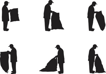 Silhouettes of man holding garbage bag in various cleaning poses, sanitation worker vector set for waste disposal or recycling concepts.