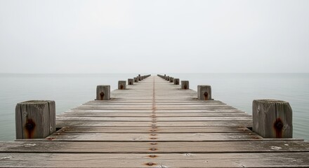 Wooden pier extending into foggy horizon over tranquil water