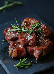 Grilled lamb with rosemary served on a slate platter, Mediterranean cuisine and spices.