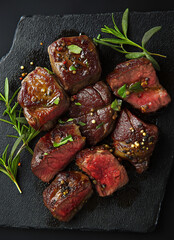 Grilled lamb with rosemary served on a slate platter, Mediterranean cuisine and spices.