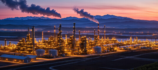 Obraz premium Illuminated Oil Refinery at Dusk with Smokestacks and Mountains
