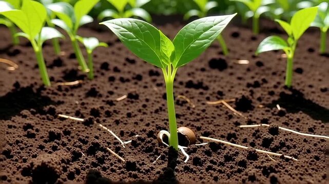 Young green plant seedling emerging from rich dark soil, symbolizing growth and new beginnings.