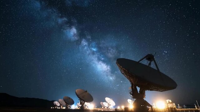 An impressive landscape, with large parabolic antennas, also known as radio telescopes, visible in the foreground. They are located in an open area, possibly in an observatory or a scientific station.