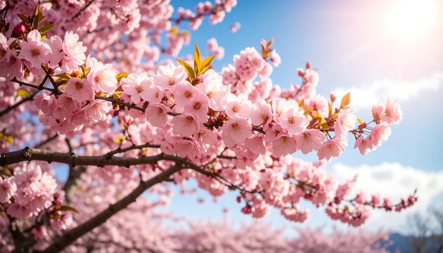 Beautiful pink cherry blossoms against a clear blue sky - Powered by Adobe