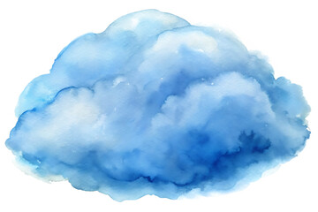 Watercolor illustration of a fluffy blue cloud isolated on transparent background, showcasing its soft texture and ethereal beauty in a serene composition
