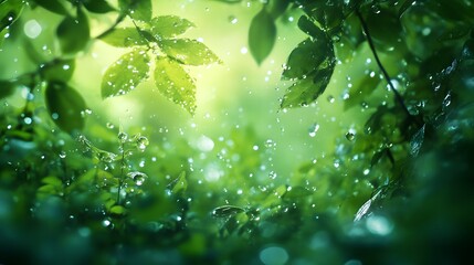 Lush green leaves with falling raindrops in soft sunlight nature water photo