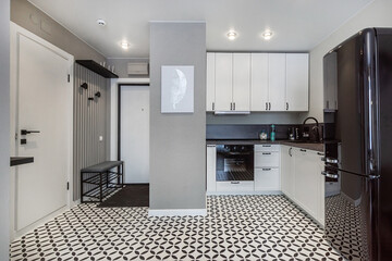 Modern kitchen design in a minimalist apartment with elegant black and white decor and functional layout.