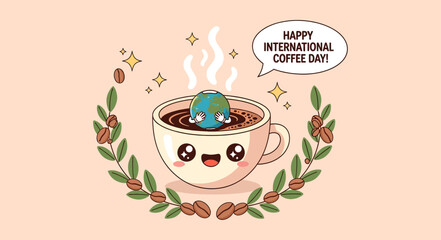 Cute kawaii coffee cup with earth for international coffee day celebration