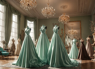 Luxurious mint green ball gowns displayed in elegant boutique showroom 