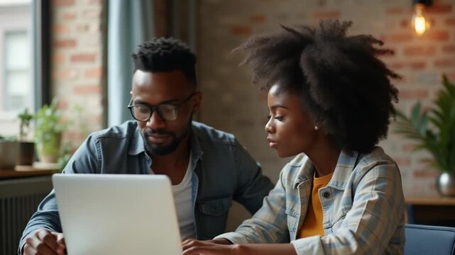 African American couple works from home collaborating on a freelance project in their modern loft, using a laptop to plan strategies, boost productivity and achieve business success. Camera A.