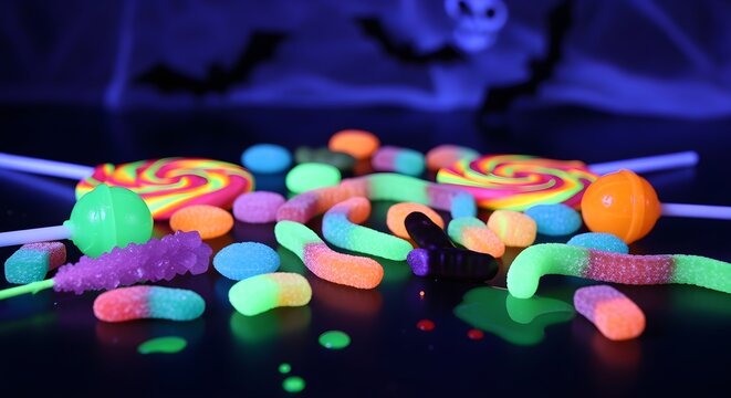 Neon-colored candy glowing under blacklight at a spooky-themed party.
