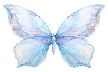 Watercolor illustration of a delicate blue butterfly isolated on transparent background, displaying ethereal wings with intricate patterns and a soft, dreamy aesthetic