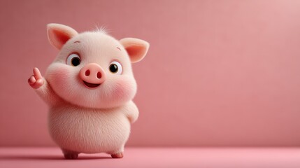 Happy cartoon pig character waving on a pink background in a playful and cheerful manner