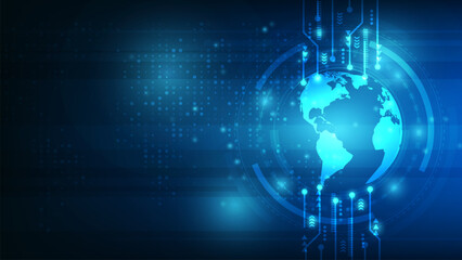 Map of the planet. Rays of energy. World map. Global social network. Future. Blue futuristic background with planet Earth. Internet and technology. Floating blue plexus geometric background