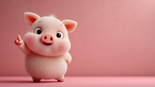Happy cartoon pig character waving on a pink background in a playful and cheerful manner - Powered by Adobe