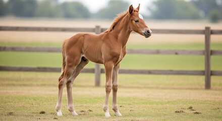 Fototapeta premium Young Foal Standing in a Grassy Paddock on a Sunny Day.