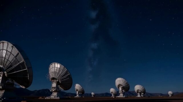 An impressive landscape, with large parabolic antennas, also known as radio telescopes, visible in the foreground. They are located in an open area, possibly in an observatory or a scientific station.