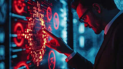 Man in glasses analyzing red digital data on futuristic screen image photo
