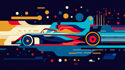 Dynamic Pop Art Rendition of High-Speed Formula 1 Car with Geometric Elements and Abstract Motion on Dark Background