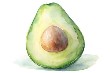 Watercolor painting of a halved avocado with its seed, isolated on transparent background, showcasing the fruits natural beauty and vibrant color palette