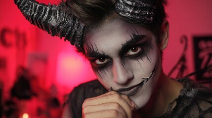 Young man with striking demon face paint and dark horns, captivating gaze, perfect for Halloween or fantasy themes