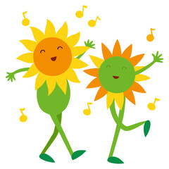 Vector illustration of sunflower flowers dancing and singing