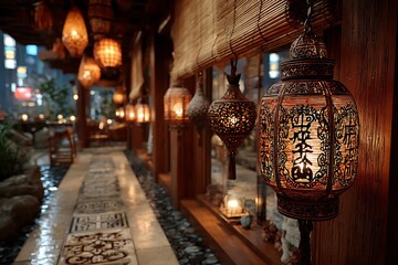 Bamboo blinds hallway illuminated with woven lanterns high resolution picture