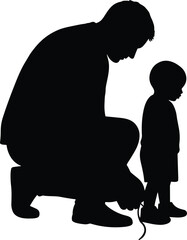 Silhouette illustration of father kneeling to tie child’s shoe, caring parent moment, family bonding, parenting love, father and child connection.