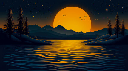 Fototapeta premium Stylized twilight landscape with colossal orange moon setting over calm lake, silhouetted mountains, and towering pine trees under star-dusted night sky