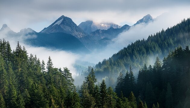 misty mountain range with pine trees in atmospheric landscape - Powered by Adobe