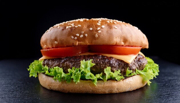 juicy hamburger with sesame seed bun centered featuring fresh lettuce tomato and beef patty presented against a sleek black background - Powered by Adobe