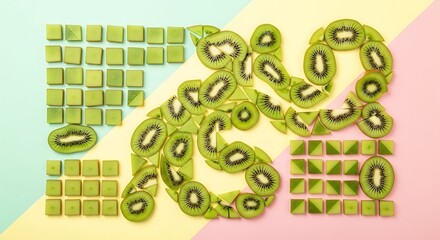 A vibrant flat lay of food typography spelling the word Kiwi, made from fresh fruit slices and green candy, on a colorful pastel background representing a sweet and healthy concept