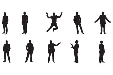 Collection of black vector silhouettes of businessmen in various dynamic and static professional poses, isolated on a white background
