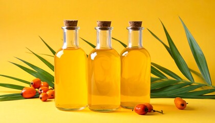 Three glass bottles of vibrant yellow oil, accompanied by fresh palm leaves and orange berries, create a visually appealing and healthy product presentation.