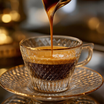 una vista de detalle de una taza de cristal en la que esta cayendo caf&eacute;. Es un espresso, vista frontal y se ve la deliciosa espuma que se crea al caer el caf&eacute;. Se ve el chorro de caf&eacute; cayendo en la ta