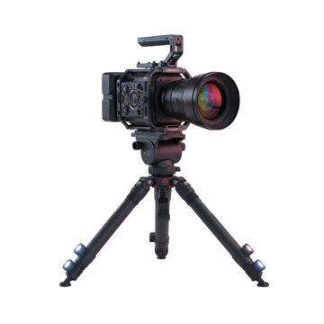 Professional video camera on tripod isolated on transparent background