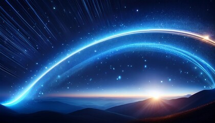sweeping arc illuminated with sparkling celestial lights casting a vibrant glow against deep blue cosmic backdrop