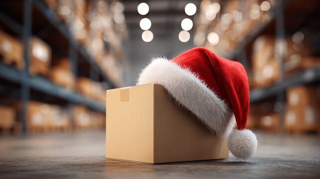 Festive cardboard box topped with a Santa hat sits ready for holiday shipping in a bustling warehouse - Powered by Adobe