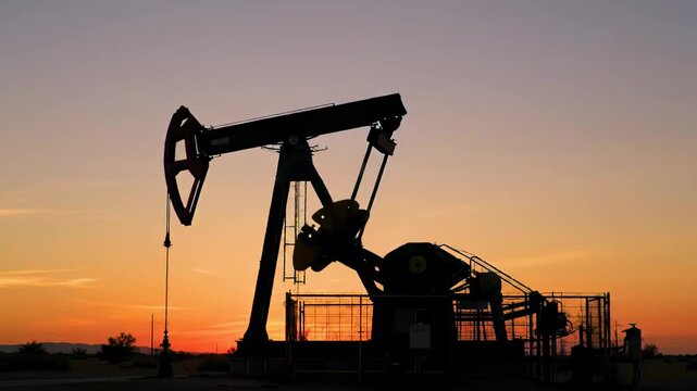 Silhouette of an industrial oil pump jack working at sunset in an oilfield, representing the fossil fuel industry